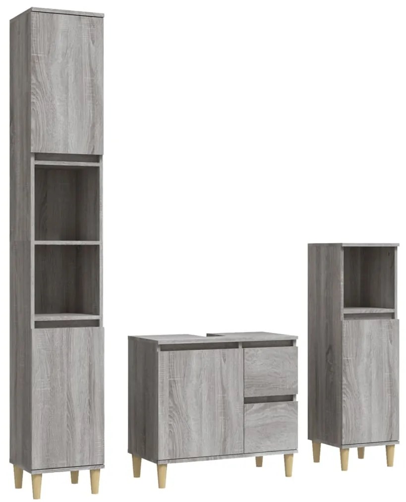 Set mobili da bagno 3 pz grigio sonoma in legno multistrato