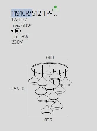 Sospensione cromo 12 luci tonda vetri (6 x piccolo am + 6 x piccolo...