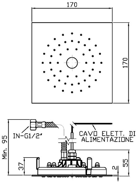 Soffione doccia 17x17 multifunzione con luce bianca centrale e trasformatore in acciaio Zucchetti Isyshower Z94155