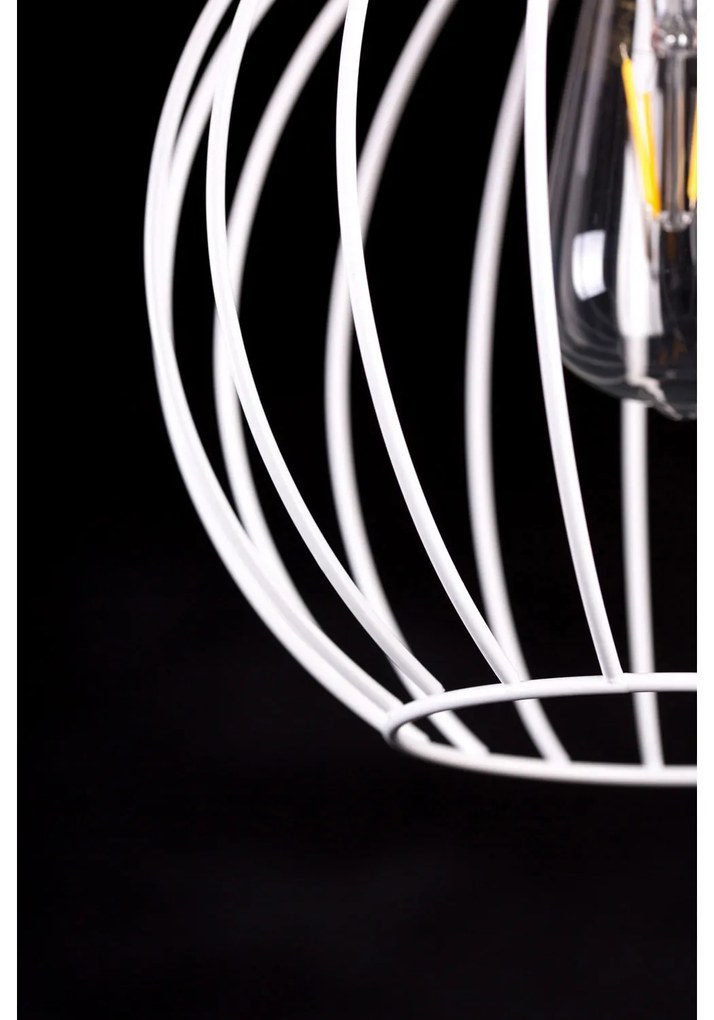 Lampadario 3 Luci Morgana Paralumi A Gabbia In Acciaio Bianco E Legno Naturale