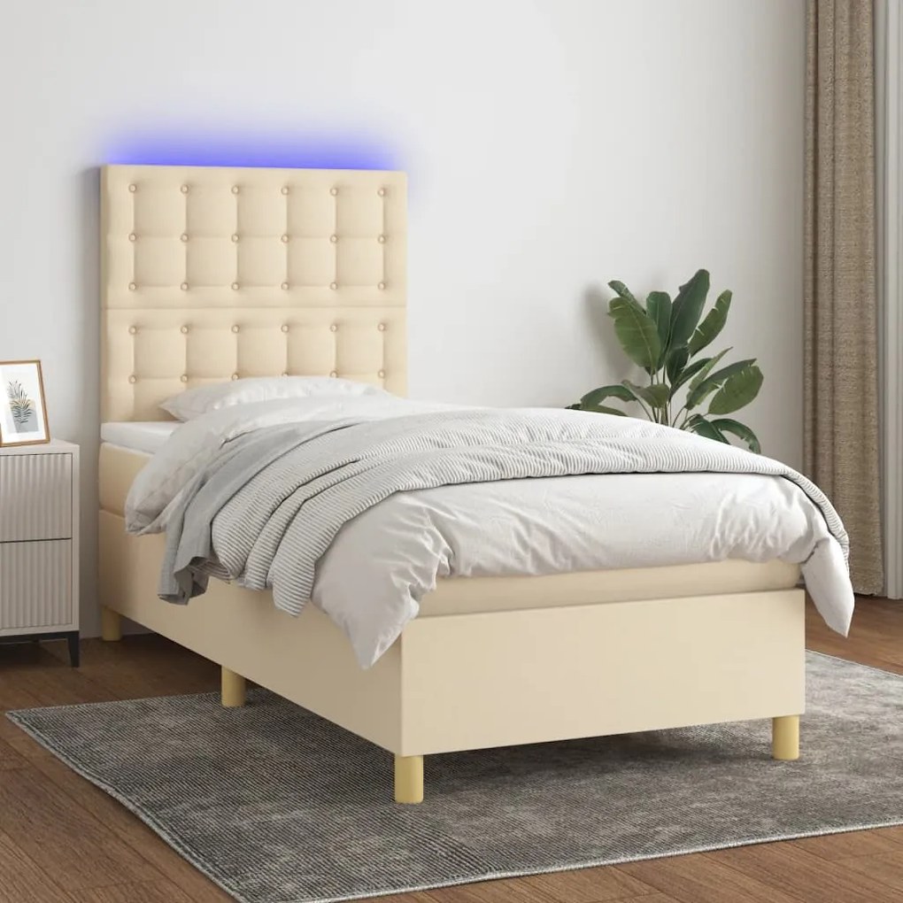 Letto a molle con materasso e led crema 80x200 cm in tessuto