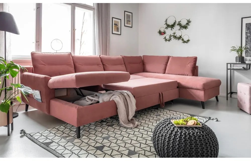 Divano letto a U in velluto rosa, angolo destro Stylish Stan - Miuform