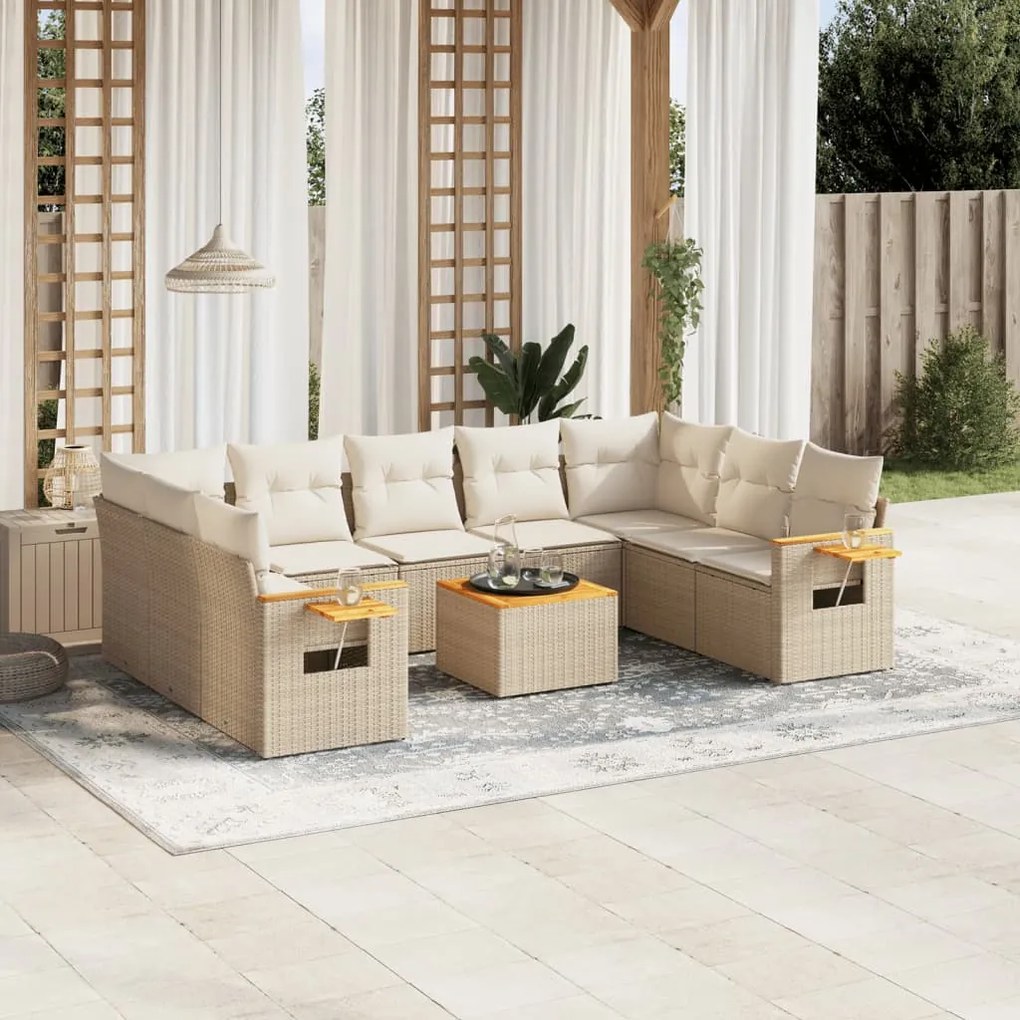 Set divano da giardino 10 pz con cuscini beige in polyrattan