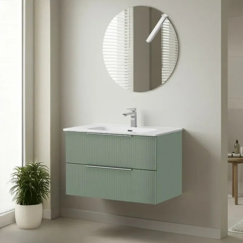 Mobile bagno sospeso 80 cm verde cannettato con lavabo e specchio tondo Zena