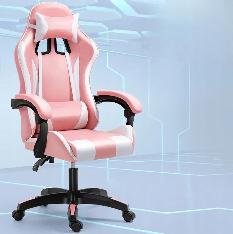 Comoda sedia da gaming con cuscino rosa e bianco