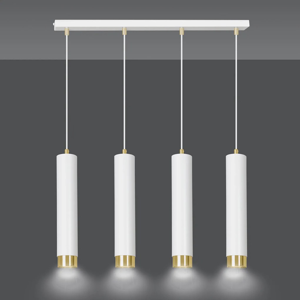 Lampadario 4 Luci Brunilde In Acciaio Bianco E Tubolari In Bianco E Oro