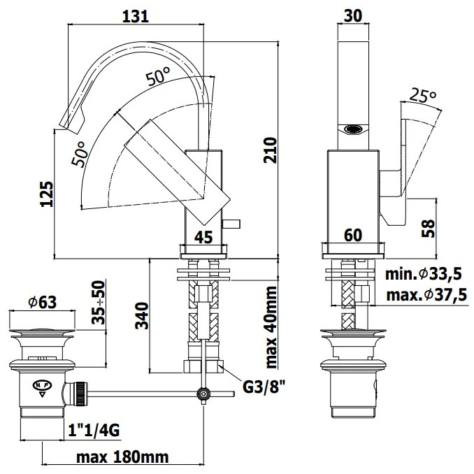 Paffoni Elle El837 Miscelatore Monocomando Lavabo canna ad ombrello e scarico automatico 1”1/4G Cromo