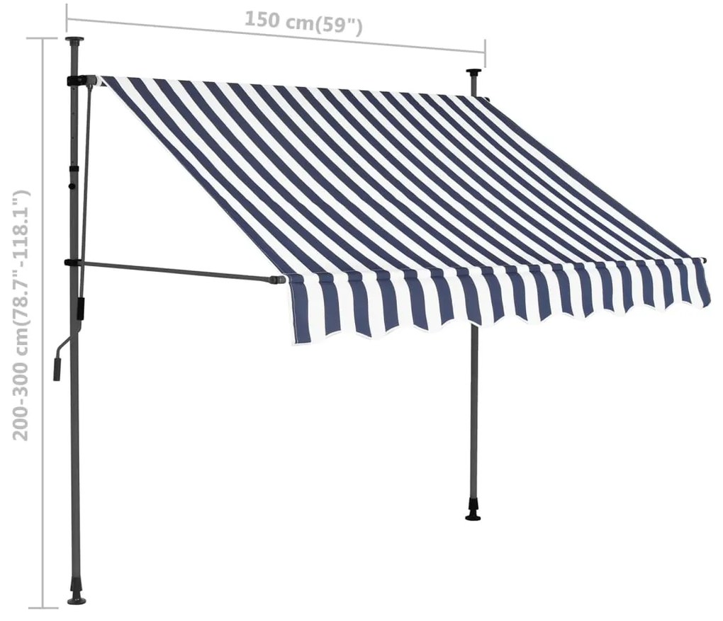 Tenda da Sole Retrattile Manuale con LED 150 cm Blu e Bianca