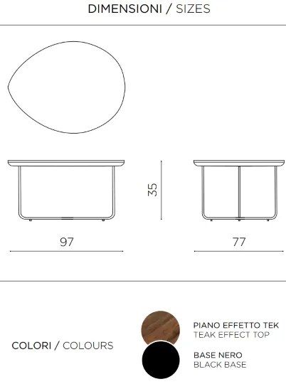 Tavolino sagomato con piano in legno effetto Tek e base in metallo OYA
