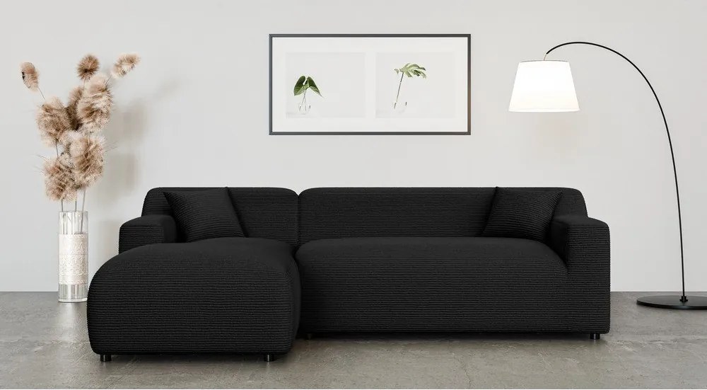 Divano angolare nero (con penisola a sinistra e chaise lounge) rivestito in velluto a coste Martin – Ropez