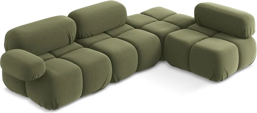 Divano angolare componibile verde chiaro (con penisola a destra) con rivestimento in velluto Lokua – Makamii