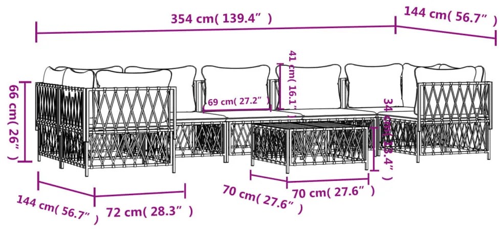 Set Salotto da Giardino 8 pz con Cuscini in Acciaio Bianco