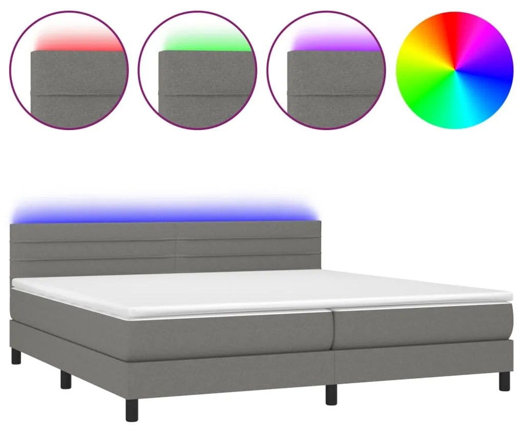 Letto a molle materasso e led grigio scuro 200x200cm in tessuto