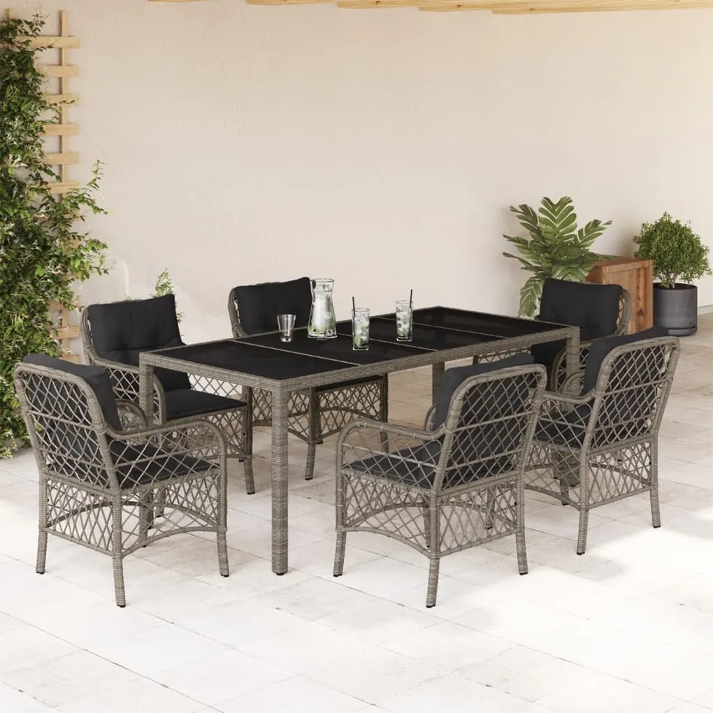 Set da pranzo da giardino 7 pz con cuscini in polyrattan grigio