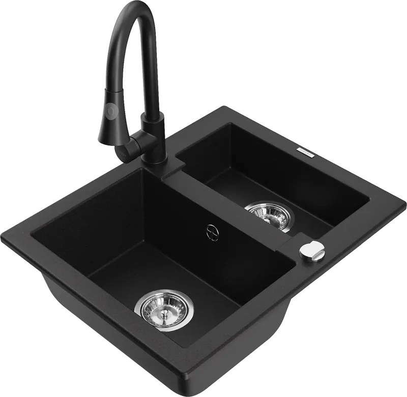 Mexen Carlos lavello da cucina in granito 1,5 vasche con miscelatore Elia, nero - 6518-77-670101-70