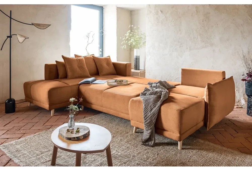 Divano letto angolare in velluto a coste color mattone (angolo