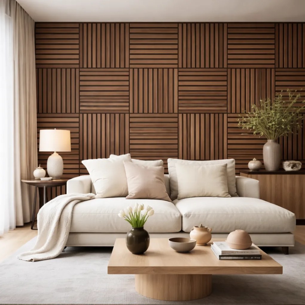 Set 12 Pannelli Decorativi 60x60 cm Motivo a Doghe in MDF e Feltro PET Rivestimento Murale Fonoassorbente Noce Chiaro...