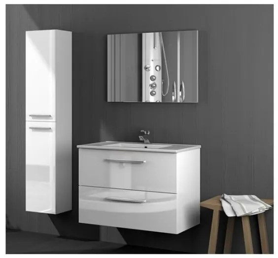 Mobile bagno sospeso 80 cm con colonna, lavabo e specchio bianco laccato - Aruba 94613