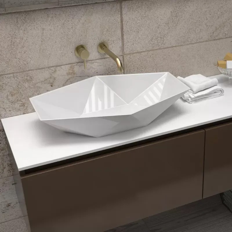 Mobile bagno sospeso 155 cm con piano da appoggio in solid surface bianco e doppio cassetto SP-155 - KAMALU