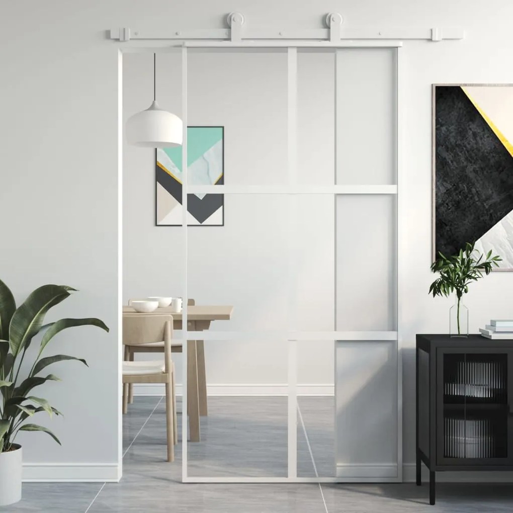 Porta Scorrevole Bianca 102,5x205cm Vetro Temperato E Alluminio /