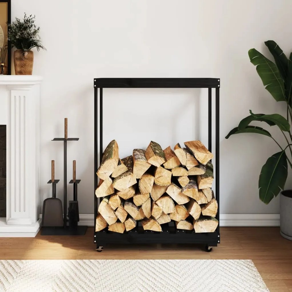 Portalegna Con Ruote Nero 76,5x40x108 Cm Legno Massello Pino /