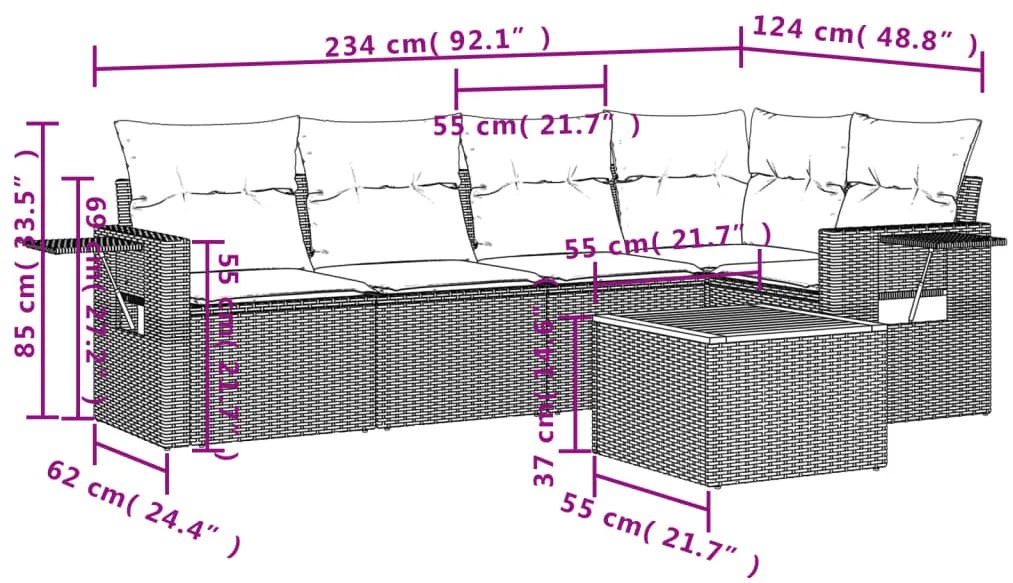 Set divano da giardino 6 pz con cuscini grigio in polyrattan