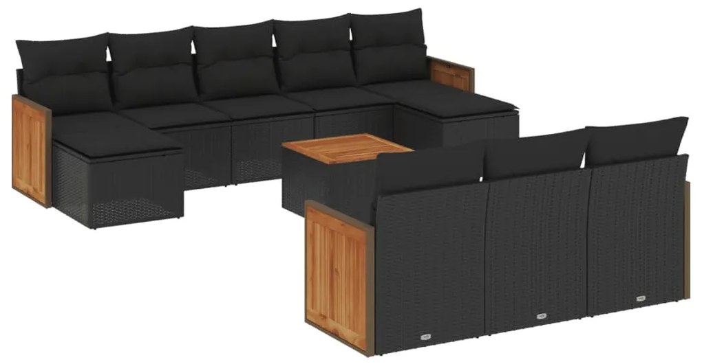 Set divani da giardino 11 pz con cuscini in polyrattan nero