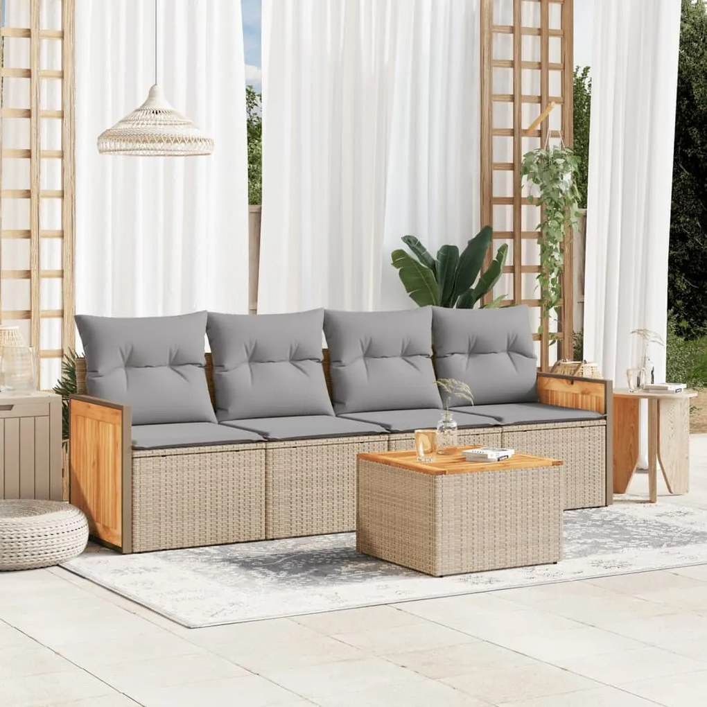 Set divano da giardino 5 pz con cuscini beige in polyrattan