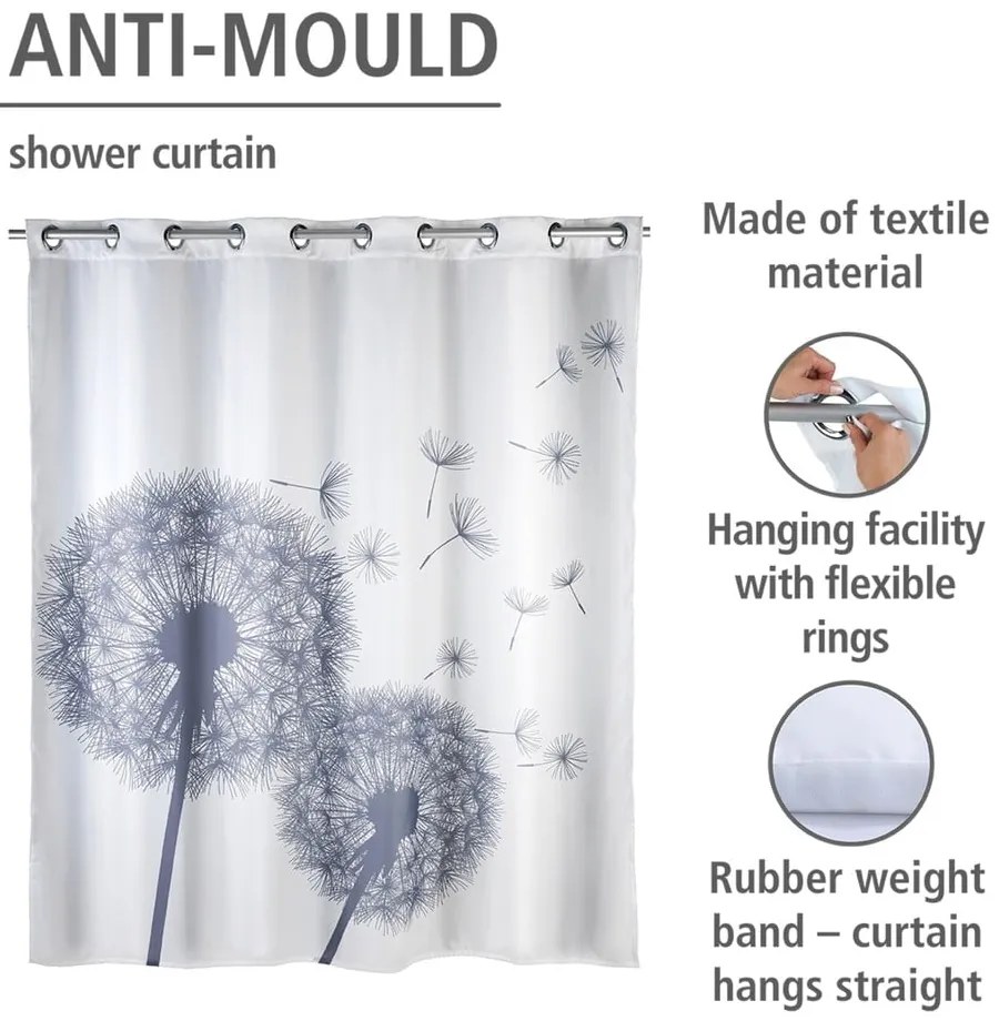 Tenda da doccia bianca con finitura antimuffa Dandelions, 180 x 200 cm Astera - Wenko
