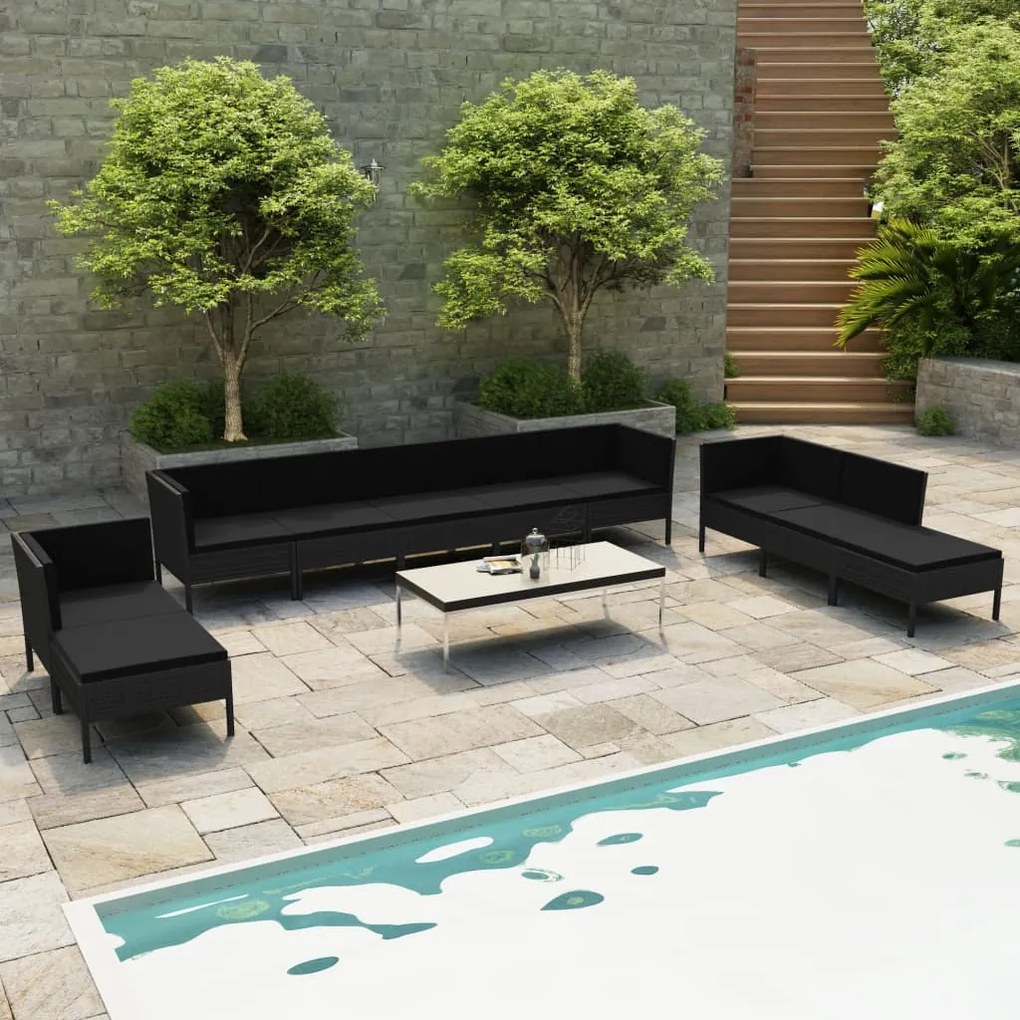 Set divani da giardino 10 pz con cuscini in polyrattan nero
