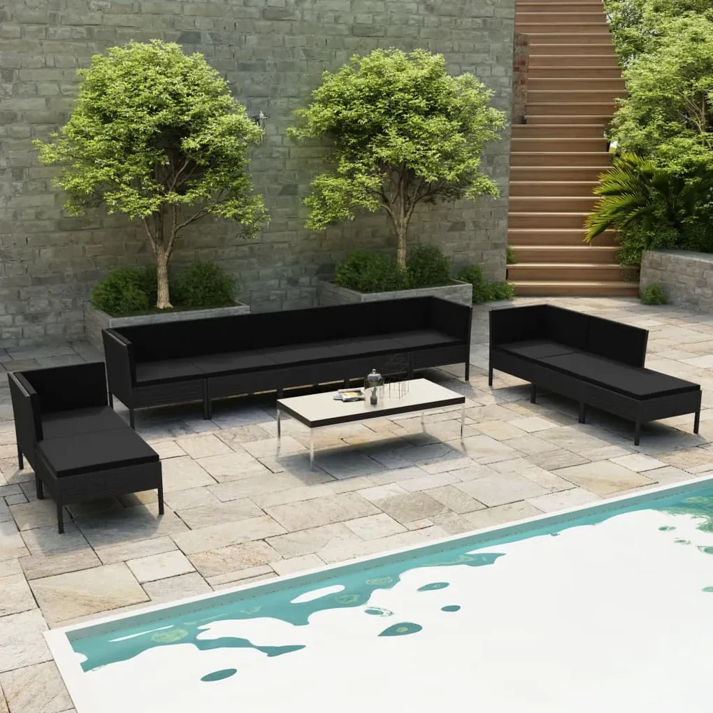 Set divani da giardino 10 pz con cuscini in polyrattan nero