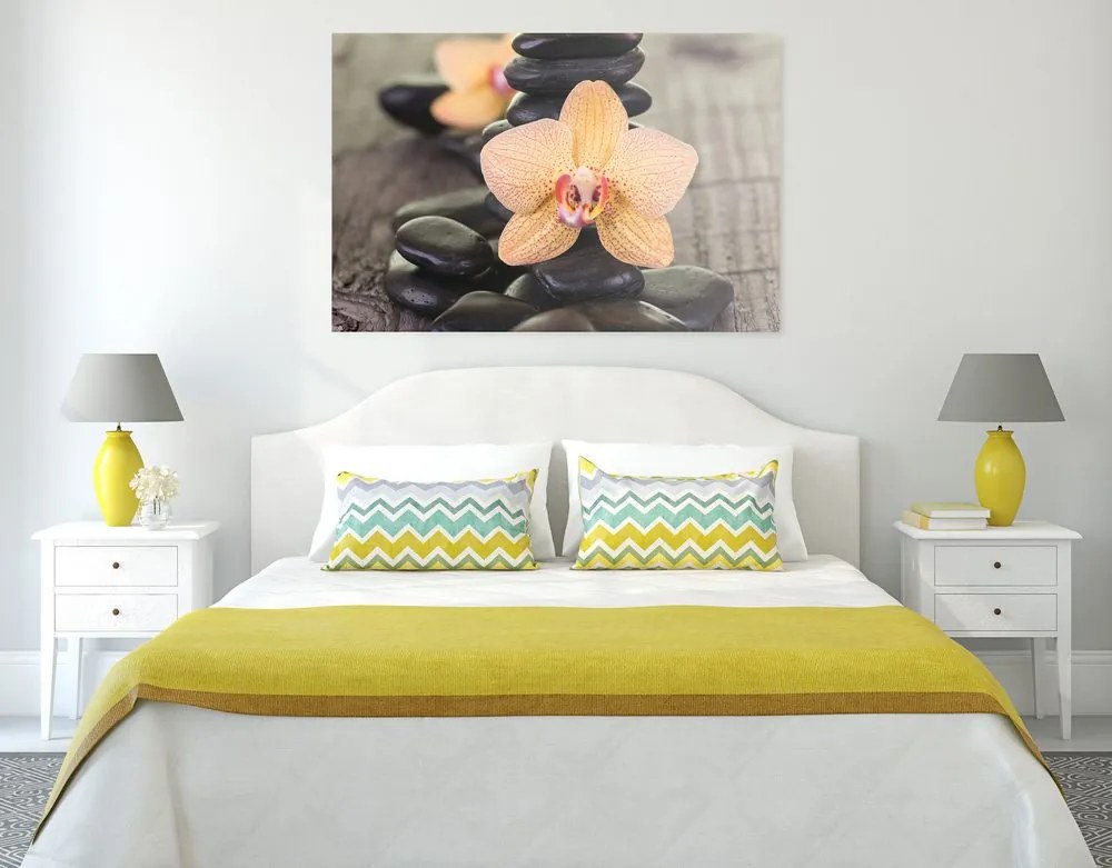 Quadro su tela – Orchidea gialla e pietre Zen