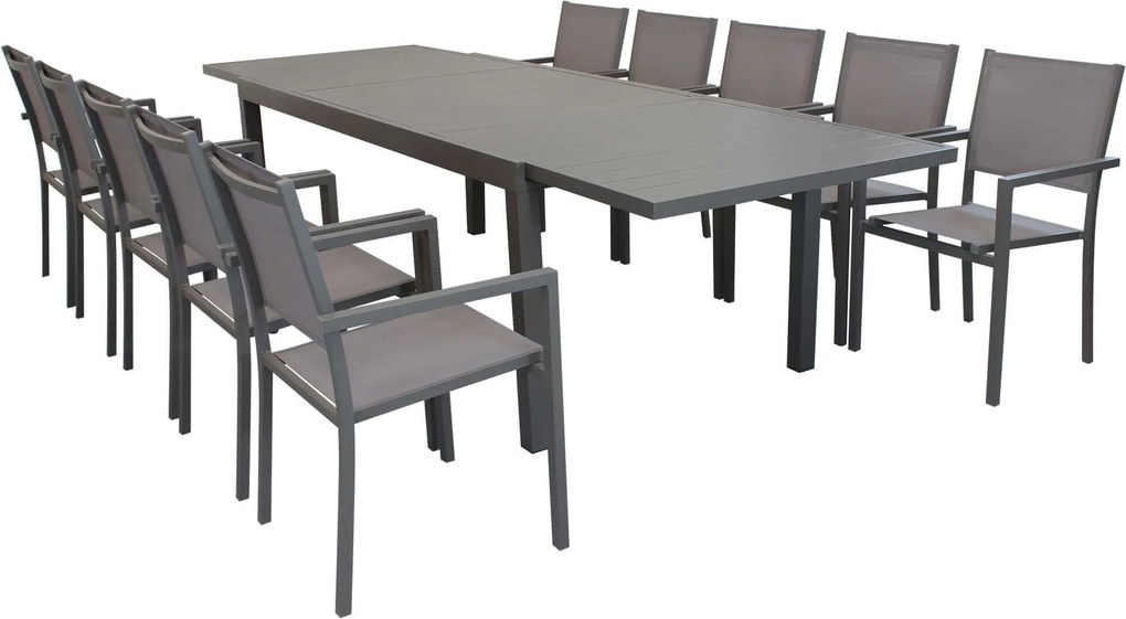 DEXTER - set tavolo in alluminio cm 200/300 x 100 x 74 h con 10 poltrone Venus