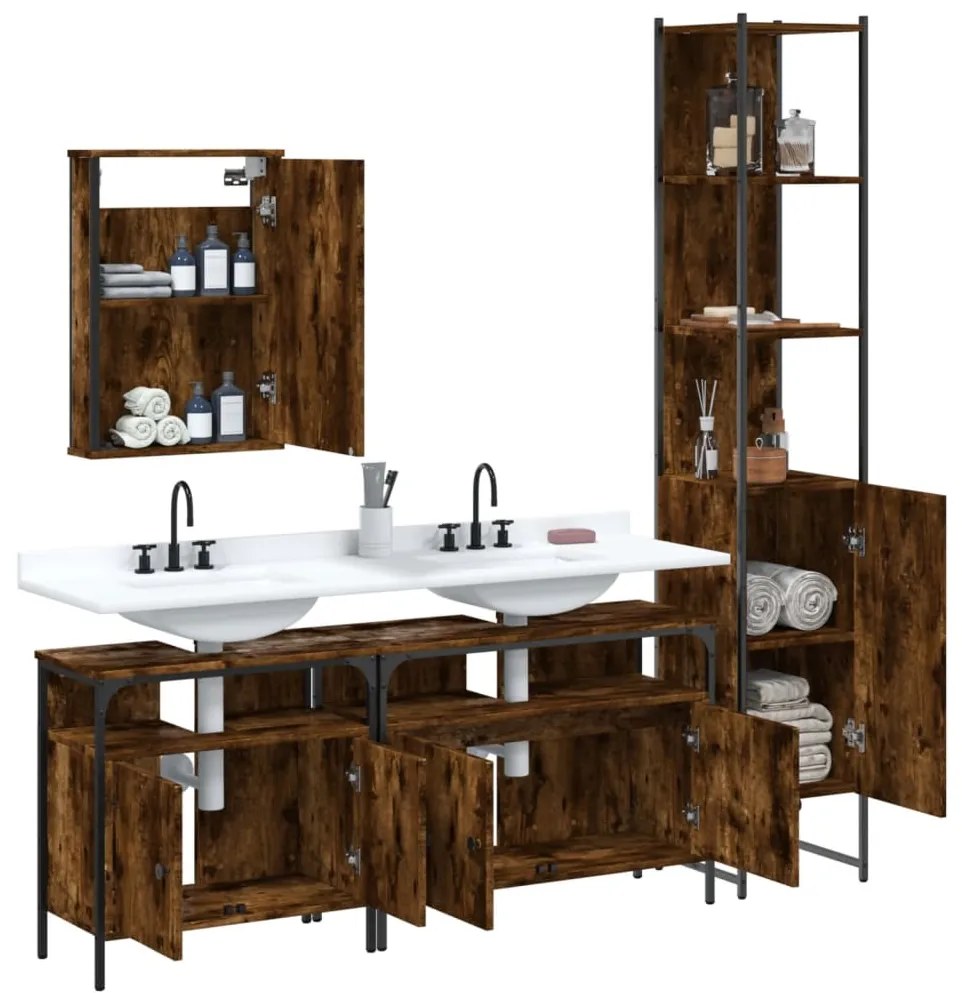 Set mobili da bagno 4 pz rovere fumo in legno multistrato