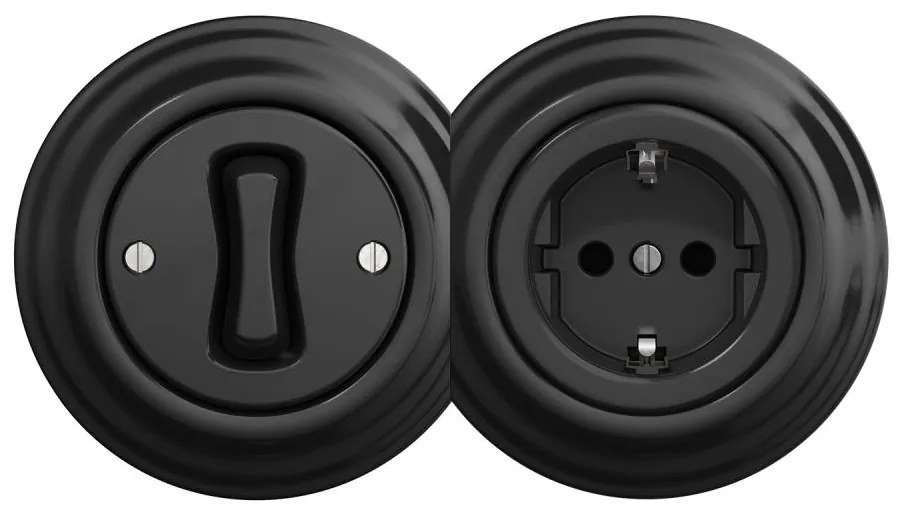 Kliklap - Interruttore unipolare (1 modulo) in stile retrò e presa SCHUKO 230V con cornice nera
