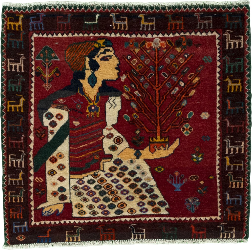 Shiraz Tappeto 60 x 70 Rosso (Iran) Annodato A Mano