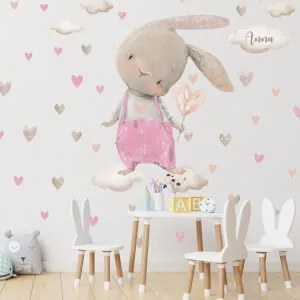 Adesivi ad acquerello - Coniglietto con cuori rosa | Inspio