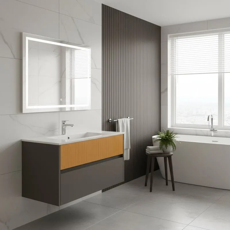 Mobile da bagno sospeso sotto lavabo Niwa 2 cassetti L 89.5 x H 50 x P 45.5 cm grigio e senape cannettato