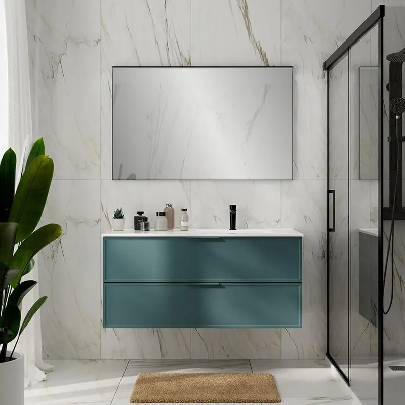 Mobile Quadra L120 H55 P45 mirto opaco laccato con lavabo in ceramica vasca DX base con 2 cassetti a chiusura ammortizzata