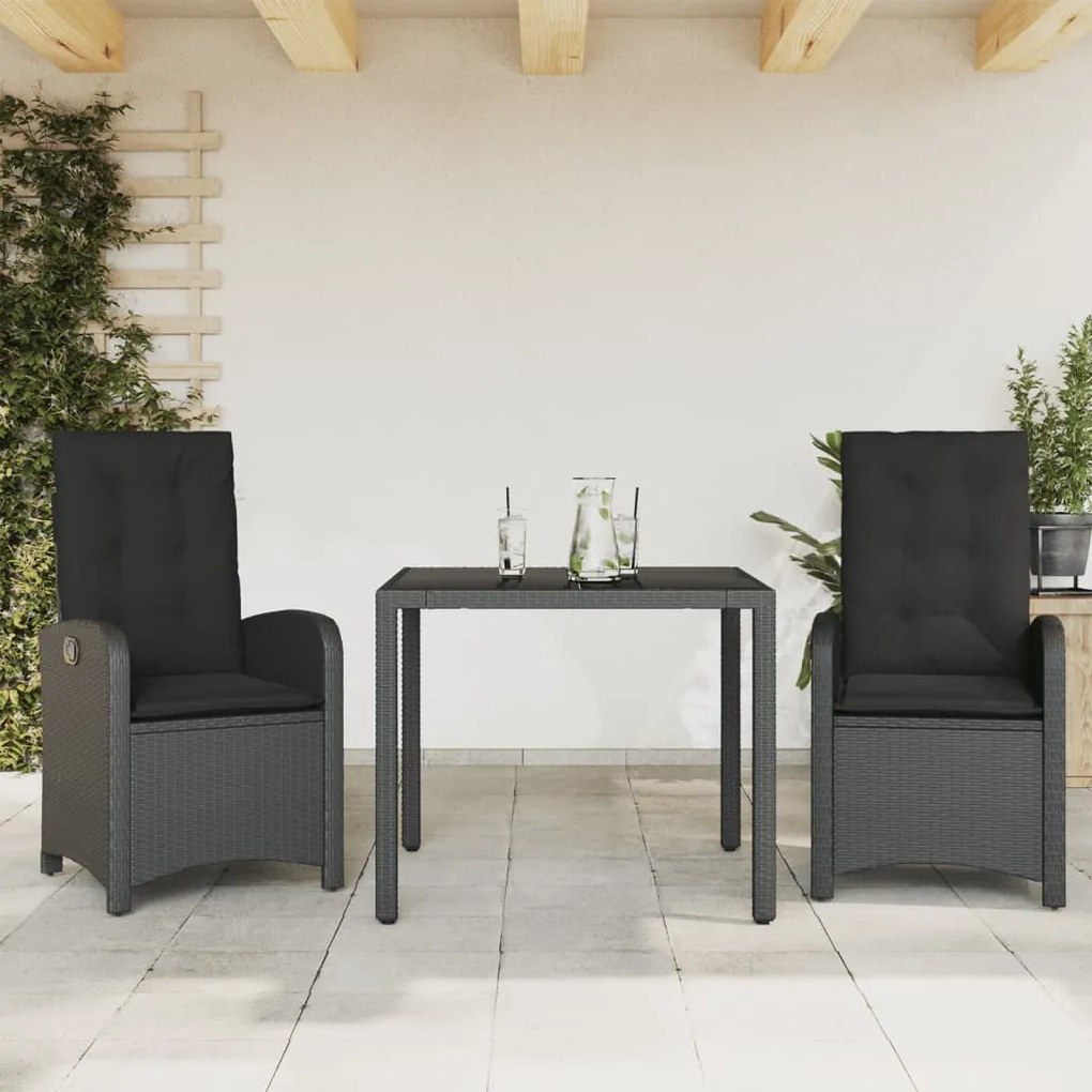 Set da Pranzo da Giardino 3 pz con Cuscini Nero in Polyrattan