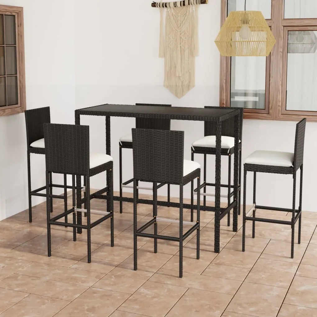 Set bar da giardino 7 pz con cuscini in polyrattan nero