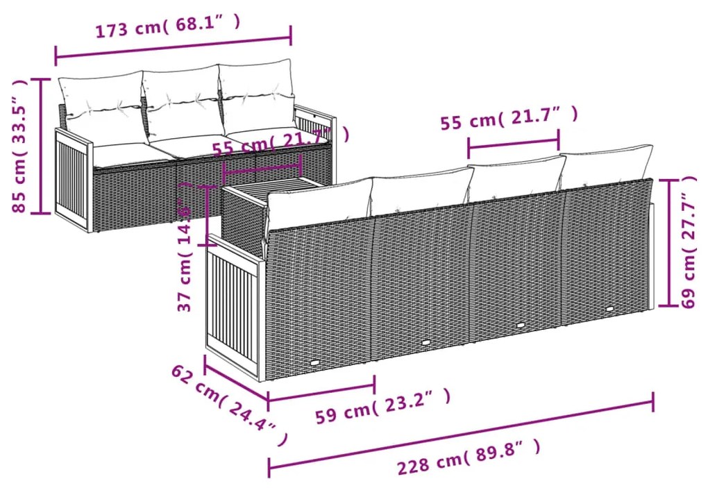 Set divani da giardino con cuscini 8 pz nero in polyrattan