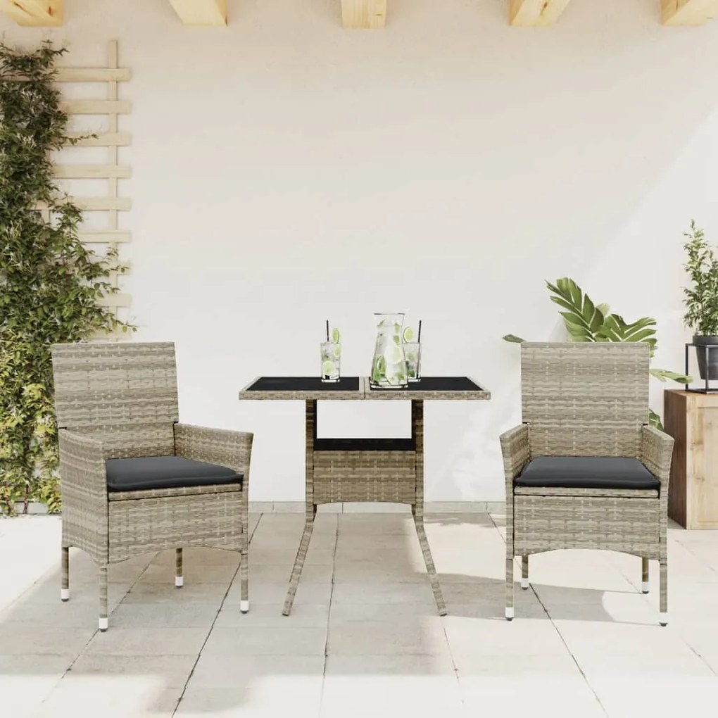 Set pranzo da giardino 3pz con cuscini polyrattan e vetro