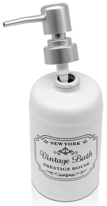 Dispenser sapone in ceramica bianca con stampe a contrasto nere stile vintage