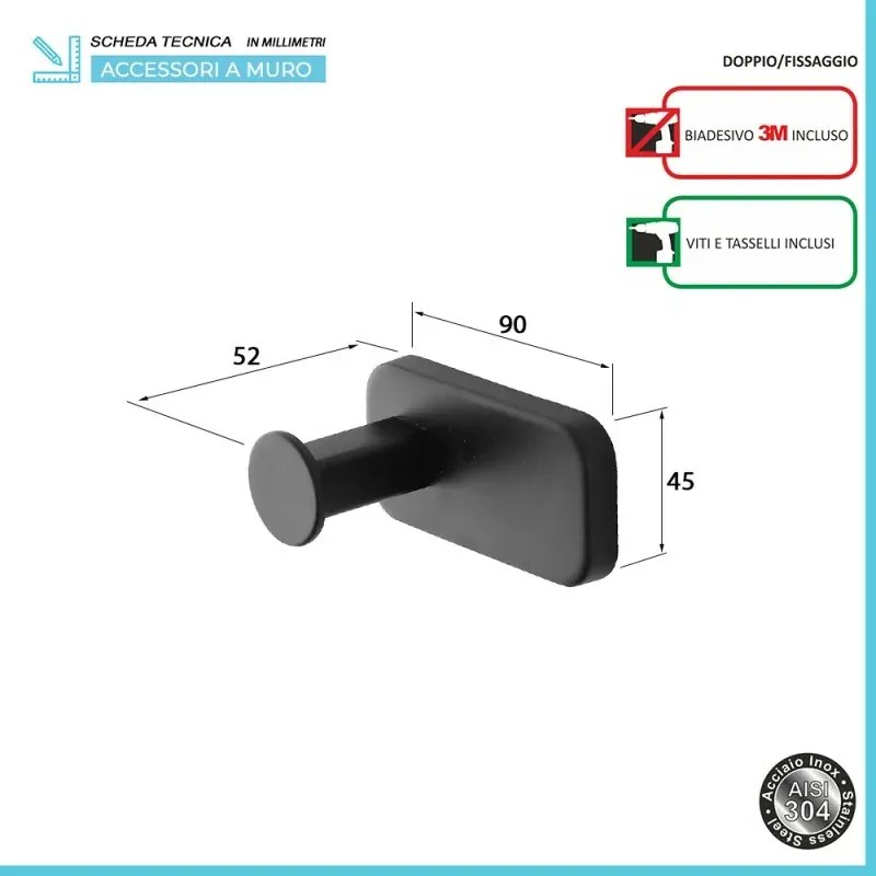 Set 4pz con appendino, porta rotolo e 2 porta salviette a muro in acciaio nero Cubik
