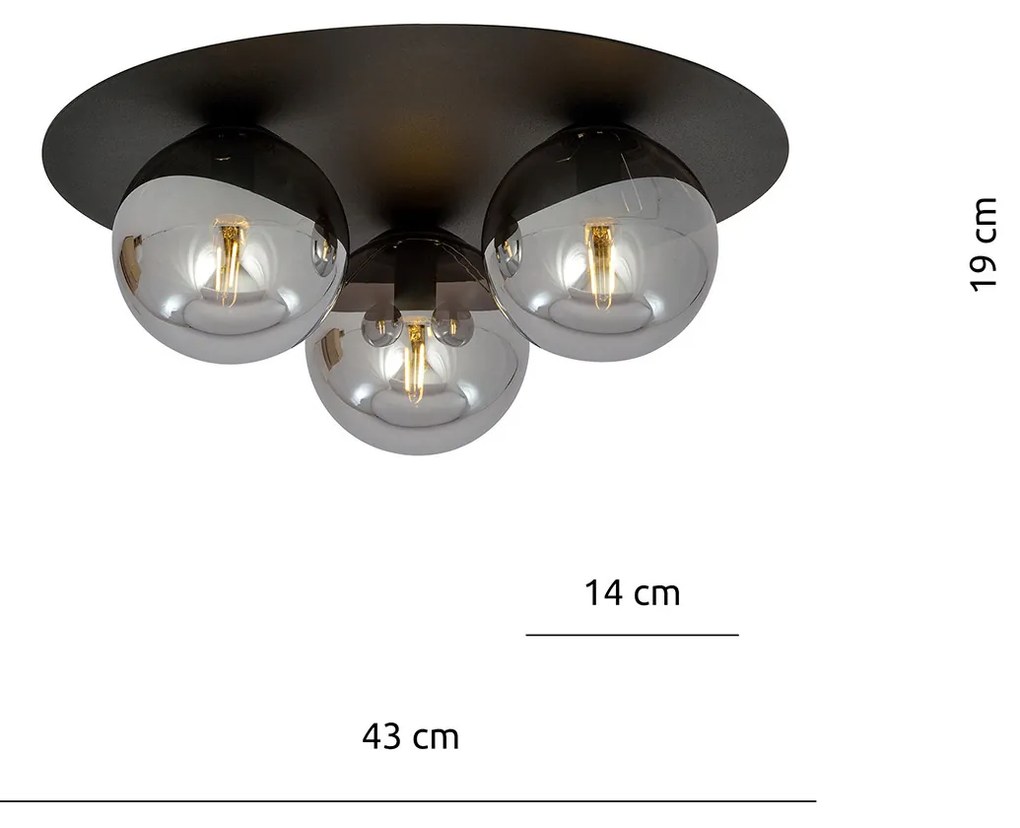 Plafoniera Minimal 3 Luci Mnemosine In Acciaio Nero E Sfere Di Vetro Fumè