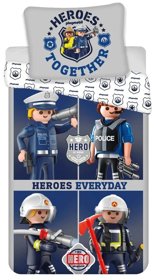 Set copripiumino e federa da bambini blu/grigio in cotone per letto singolo 140x200 cm Playmobil – Jerry Fabrics