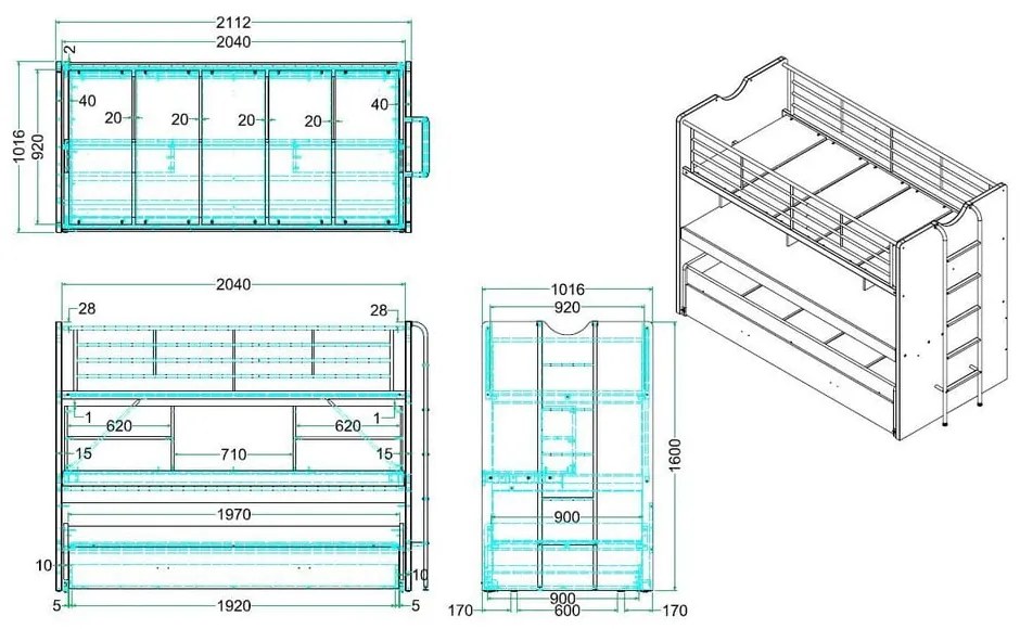 Letto da bambini a castello/estraibile bianco/blu con contenitore/con scrivania con rete inclusa 90x200 cm Bonny – Vipack