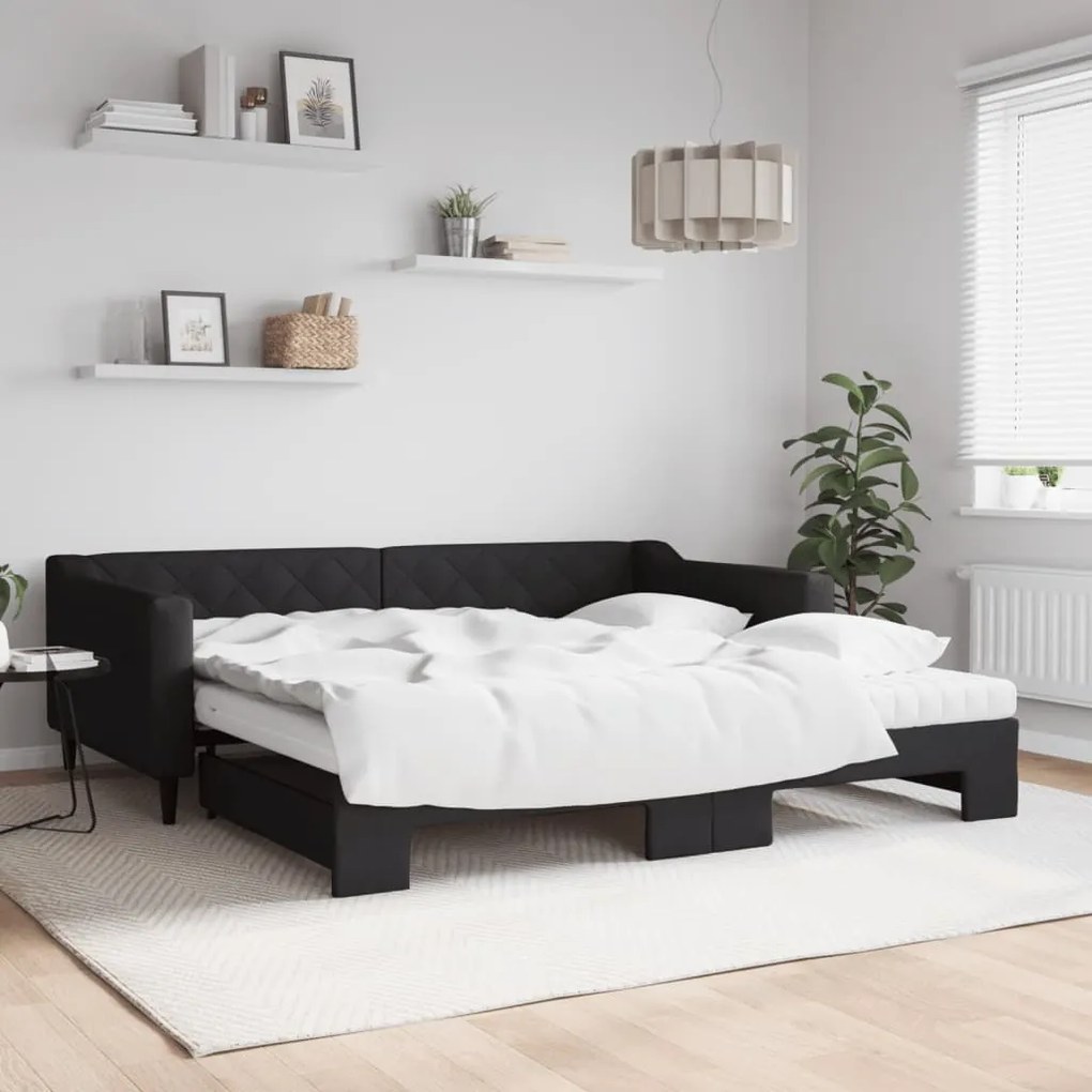 Divano Letto Estraibile Con Materassi Nero 100x200 Cm Tessuto /