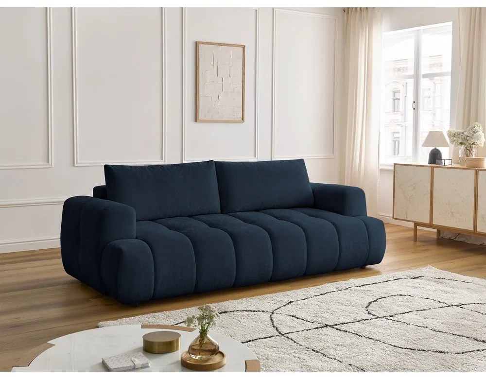 Divano blu scuro allungabile e con contenitore rivestito in ciniglia 251 cm Fuji – Bobochic Paris